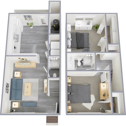 Floor plan for 2 beds, 1.5 baths, 944 sqft